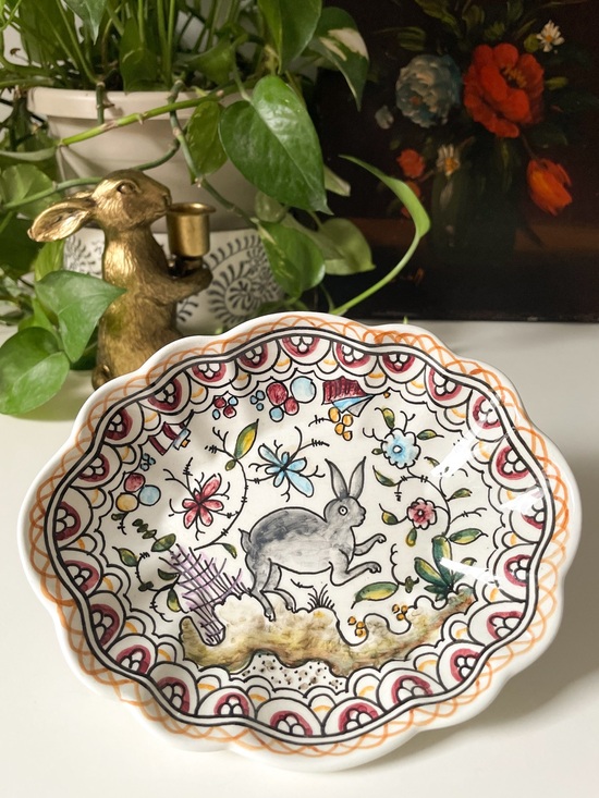 Arte Ceramica Arcer Other - Coimbra Portugal Hand Painted Ceramic Scalloped Floral Rabbit Trinket Dish